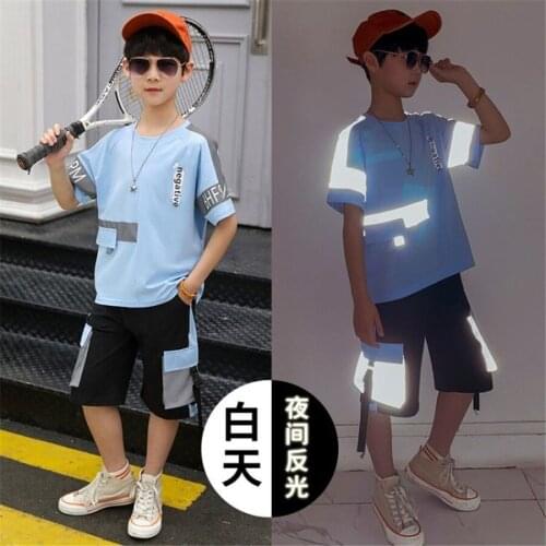 2021 Fashion Boy Clothes Set Color Reflective Tracksuit Children summer Boys top and shorts 2Pcs/Sets Kids Sport Suit