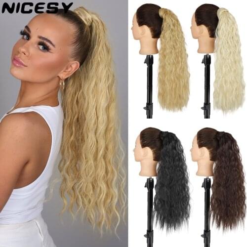 NICESY Corn Wavy Long Ponytail Synthetic Hairpiece Wrap on Clip Hair Extensions Ombre Brown Pony Tail Blonde Fack Hair