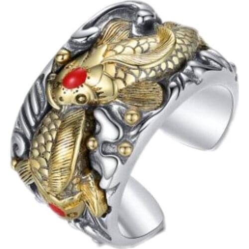 New s925 pure silver fortune Shrouded good luck ring man koi fish adjustable male ring handmade personality retro ethnic style