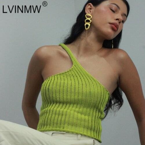 LVINMW Diagonal Collar Solid Slim Rib Knitting Tops Soft Casual Simple Irregular Fashion Crop Top Backless Stretchy Women Tank