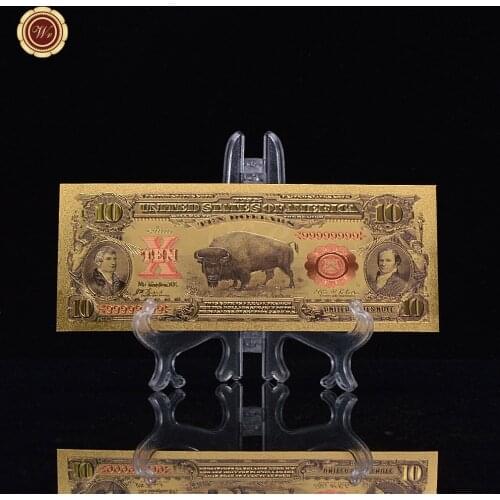 WR Gift Ideas for Kids 10 Dollar Colorful Gold Banknote 24k 999.9 World Paper Money American Bill Note Original Size
