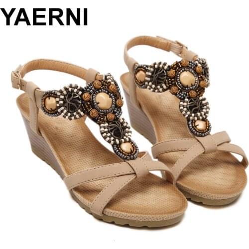 YAERNI Brand 2021 Bohemia Wedge Women Sandals Summer Vintage Rhinestone Woman Flip Flops Beach Women Shoes