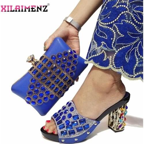 Leisure Style Royal Blue Rhinestone Woman Shoes And Matching Bag Set African Style Pumps Shoes And Bag Set For Party Wedding