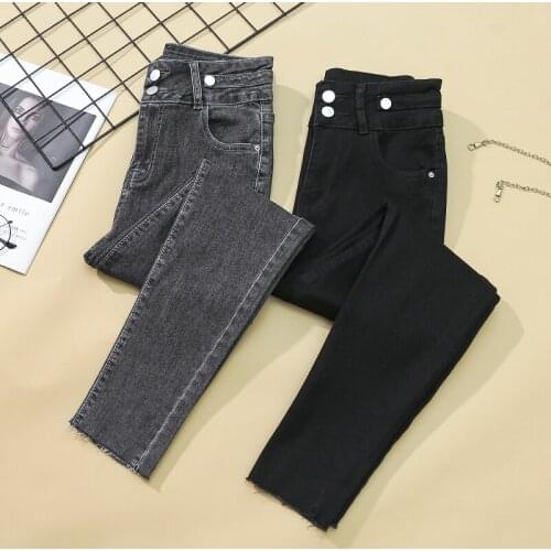 Plus Size Spring Autumn High Waist Jeans Women Black Grey Slim Stretch Pencil Pants Plus Size Buttons Denim Trousers Streetwear