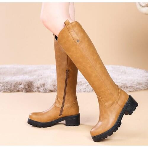 Large size 34-43 women knee high boots buckle with zip Retro womens motorcycle boots thick fur warm winter snow boots