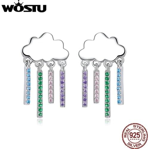 WOSTU Rainbow Rain Stud Earrings 925 Sterling Silver Colorful CZ Tassel Earrings For Women Wedding Engagement Jewelry BNE468