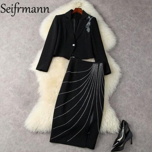 Seifrmann New 2021 Autumn Women Fashion Designer Skirts Set Long Sleeve Short Coats + High Waist Black Print Pencil Skirts Suits