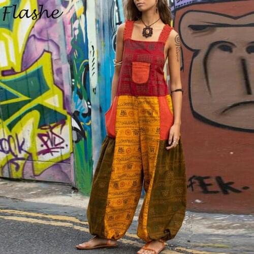 Vintage Jumpsuit Women 2021 Causal Office Ladies Clothes Pants Rompers Pocket Loose Overall Sleeveless Print Summer Playsuit