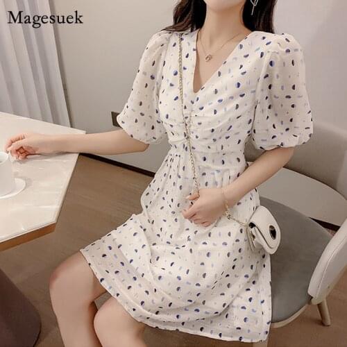 2021 V-neck Summer Dress New Fashion Lantern Sleeve Short Sleeve Print Dress Women Sweet Knee Length Casual Dresses Robe 14087