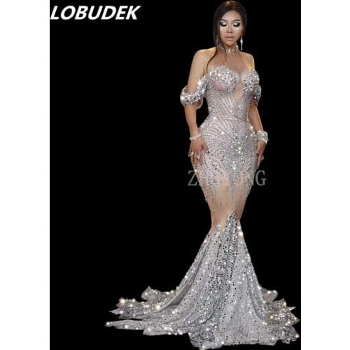 High Quality Silver Rhinestones Sequins Tail-Dress Singer Host Evening Stage One Piece Birthday Celebration Crystal Long Dress
