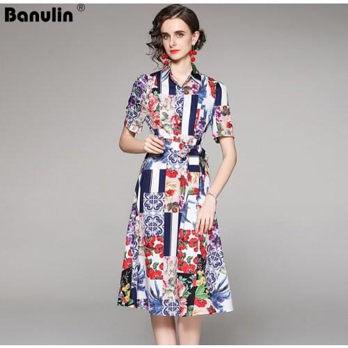Banulin Runway Fashion Summer Midi Dress Women 2021 High Quality Short Sleeve Floral Print Bow Belt Casual Elegant Shirt Dress