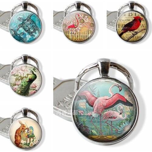 Fashion Red Charm Flamingo Garden Glass Dome Cabochon Pendant Keychain Snowy Bejeweled Animal Keyring Silvery Bird Accessories