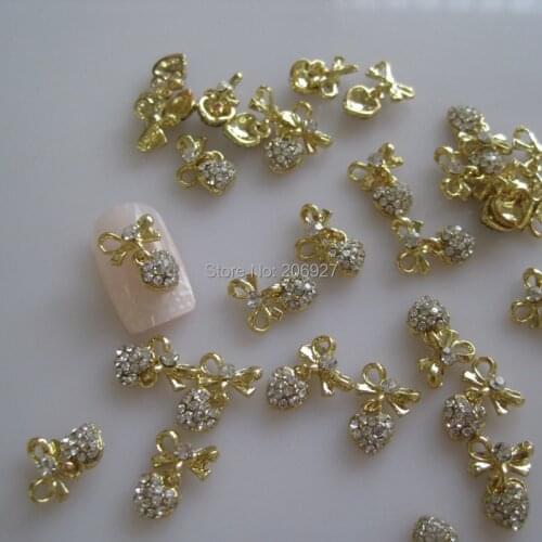 MD-743 10pcs Fancy Crystal Rhinestone Gold Bow Heart Deco Metal Charms Metal Deco Charms Nail Art