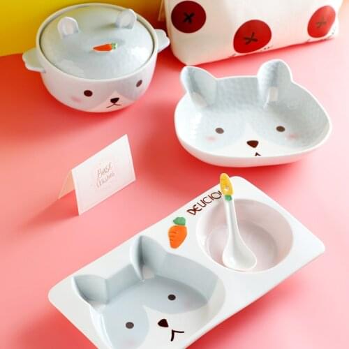 Kids Cartoon Rabbit Ceramic Dinner Plate Bowl Mug Spoon Set for Children Breakfast Salad Soup Dessert Bowl Tureens Crockery