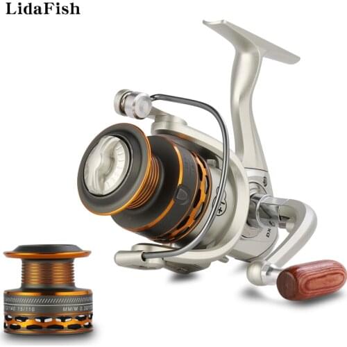 Double Spool 5.2:1 Spinning Fishing Reel Wooden Handshake12+1BB With Spare Spool Left/Right Interchangeable Fishing Coil