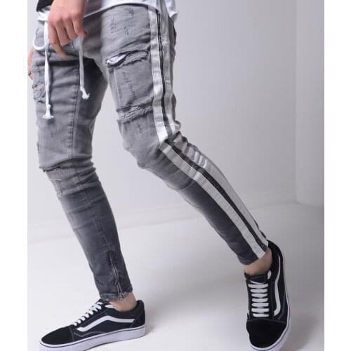Men Stretchy Ripped Skinny Biker Embroidery Print Jeans Destroyed Hole Taped Slim Fit Denim Scratched High Quality Jean
