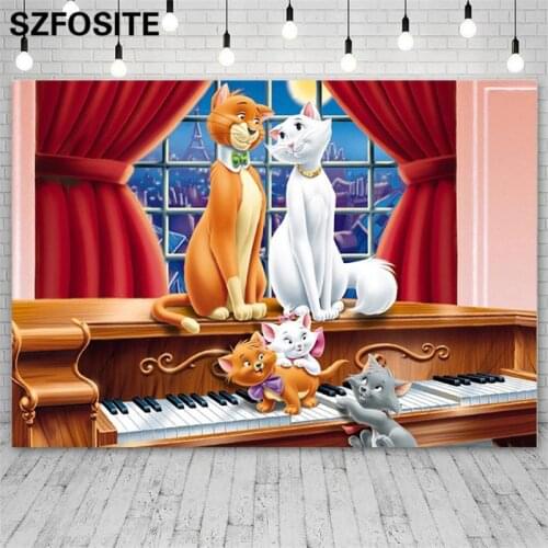 Cartoon Cute Cats Playing Piano Party Background Girl Marie Birthday Decoration Photography Photo Moonlight Windowsill Backdrop