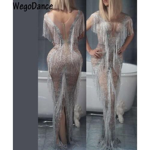 Hot Sale New Women Grey Fringe Rhinestone Long Dress Women Birthday Celebrate Tassel Dress Evening Wear Female Singer Costume