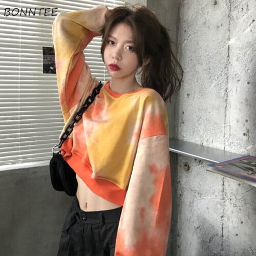 Hoodies Women Harajuku Colorful Print Trendy BF Style Teens Crop Hoodie High Street Oversized Orange Autumn Ladies Sweatshirts
