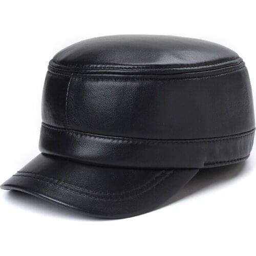 Short Brim Leather Mens Sheep Skin Flat Top Military Cap Autumn And Winter Warm Casual Hats Full Seal