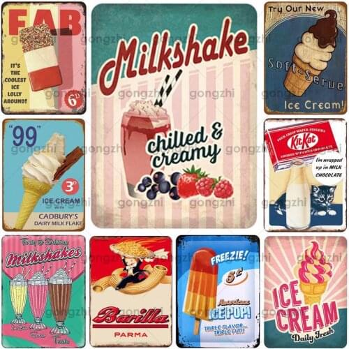 Cone ice cream popsicle metal tin sign retro iron painting metal plaque home decoration shop restaurant art poster wall sticker