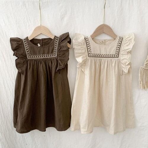 2021 Summer New ChildrenS Clothes Girls Embroidered Cotton And Linen Vest Dress Japanese Korean Style Small Flying Sleeve Dress