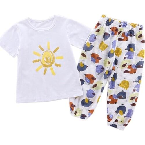 Boy Summer Clothes Sun Printing Short Sleeves T-shirt + Cartoon Bird Pants 2 Pieces Suit Soft Casual Comfortable Kids Clothing
