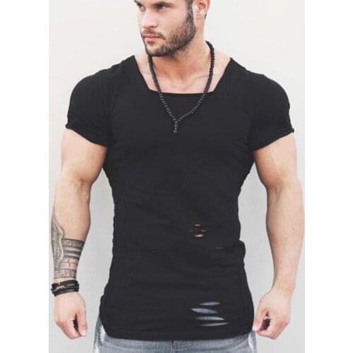 New Fitness Clothing 2021 Summer T Shirt Men Ripped Hole T-shirts Mens Slim Fit Tees Mens Hip Hop Extend Workout Gyms Tshirt