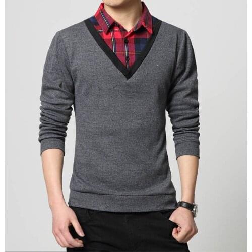 Mens Plaid Shirt Collar False Two Stitching Design Long Sleeved T-shirt 2019 spring Autumn New Leisure Mens Clothing Size 4XL