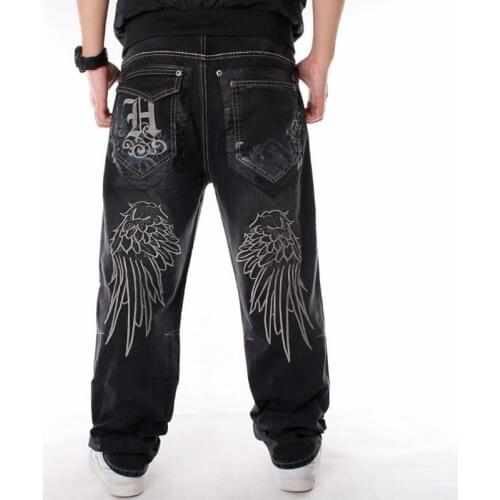 QNPQYX Men Street Dance Hiphop Jeans Fashion Embroidery Black Loose Board Denim Pants Overall Male Rap Hip Hop Jeans Plus Size