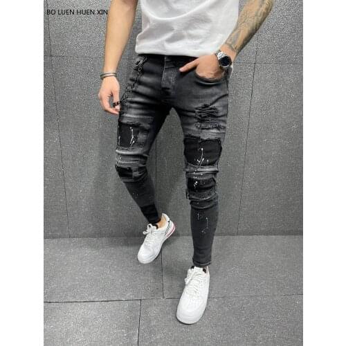 Hot sale Men Skinny Jeans Biker Destroyed Frayed Fit Stretch Zipper Skinny Denim Pants 2012 Men Hip Hop Streetwear Pencil Pants
