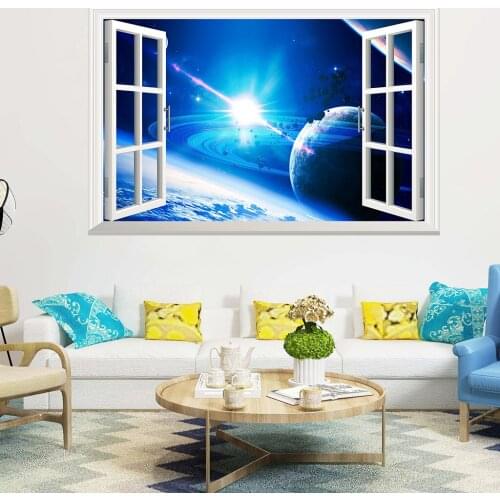 New wall sticker 3D broken wall false window landscape planet living room bedroom childrens room decorative painting
