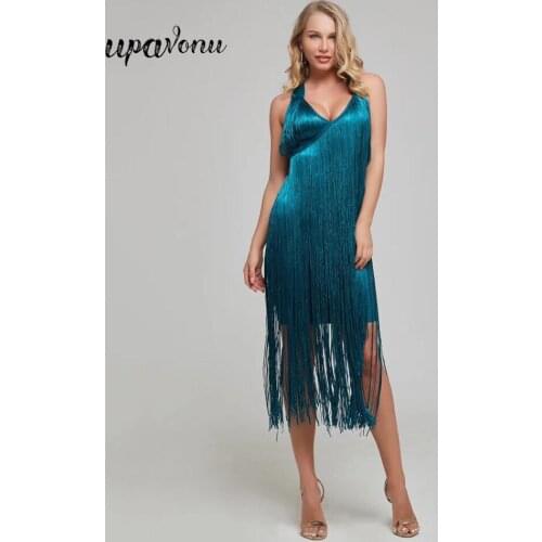 2020 New Elegant Blue Tassel Bandage Dress Women Sexy V-Neck Sleeveless Backless Bodycon Dress Club Evening Party Dress Vestidos