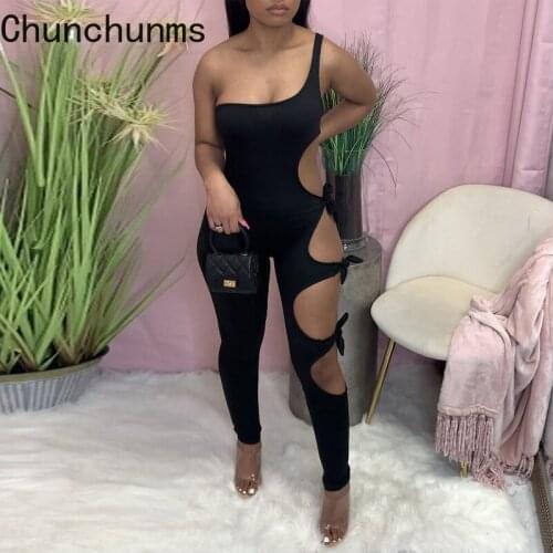 Solid One Shoulder Side Hollow Out Lace-Up Slim Jumpsuits Women Sexy One Piece Overalls Summer 2021 Clubwear Skinny 2021