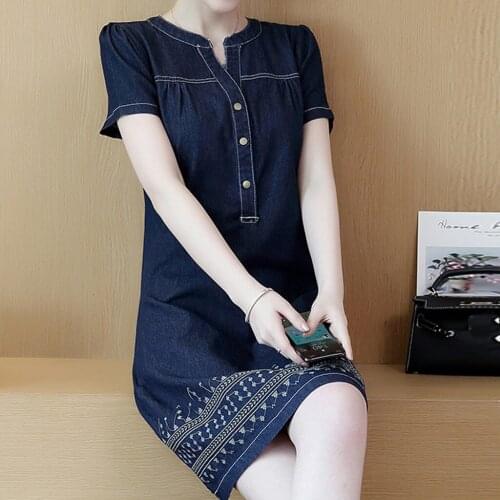 Denim Dress for Women Summer Korean Short Sleeve Slim Casual Jeans Dress Vintage Embroidery Cowboy Mini Dress Plus Size 5XL