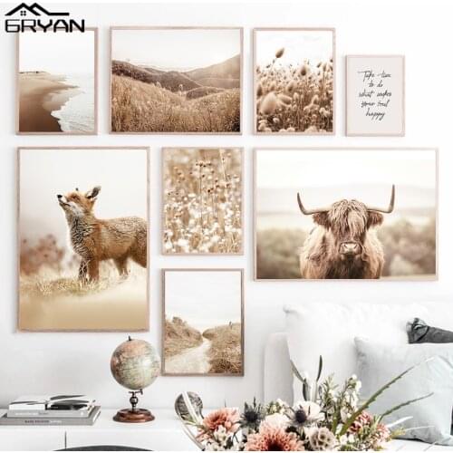 Nordic Plant Animal Landscape Poster Cow Red Fox Canvas Print Painting Reed Kapok Ocean Botanical Picture Living Room Home Decor