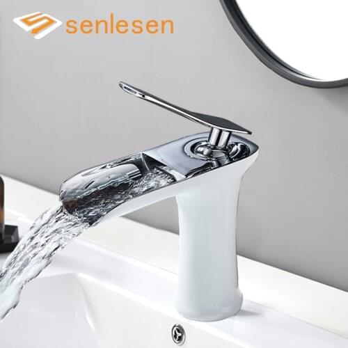 Senlesen White Chrome Bathroom Basin Faucet Deck Mounted Waterfall Spout for Vessel Sink Hot and Cold Water Tap Crane
