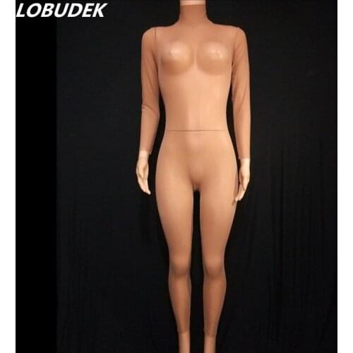Tan Mesh Transparent Long Sleeve Skinny Jumpsuit Bar Nightclub Sexy See Through Stage Wear DJ Singer Dancer Pole Dancing Costume