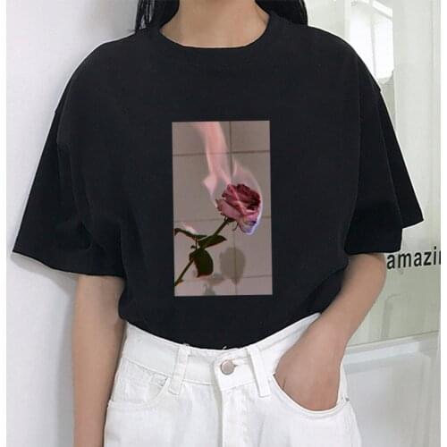 Harajuku Female t shirt rose flower flame Print Short sleeve tshirt Womens Casual Fun t shirt For Lady Top Tee Hipster Tumblr