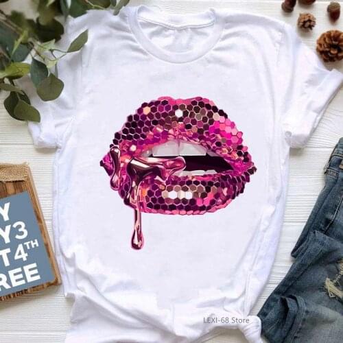Pink Glitter Lips Graphic Print Tshirt WomenS Clothing Luxurious Makeup T Shirt Haut Femme Aesthetic Clothes T-Shirt