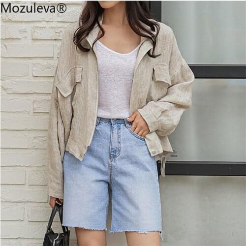 Mozuleva 2020 New Summer Fall Womens Jacket Stand Collar Casual Loose Pockets Cargo Cotton and Linen Zipper Short Basic Tops