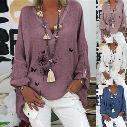 Women Long Sleeve Loose Deep V-neck Shirt Casual Dandelion Butterfly Print Blouse Top Solid Color All-match Lovely Girls T-shirt