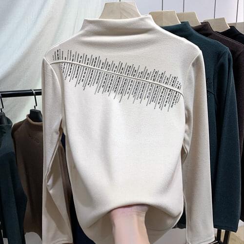 Woman Tshirts Womens Spring Autumn Winter Turtleneck Diamond-Embedded Long-Sleeved T-shirt Tops Mujer Camisetas