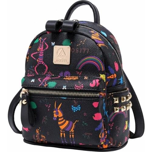 Women Backpack Leather Black Womens Back Pack Bags Rivet Printing Backpack For Girls Casual High Capacity Backpacks Ladies