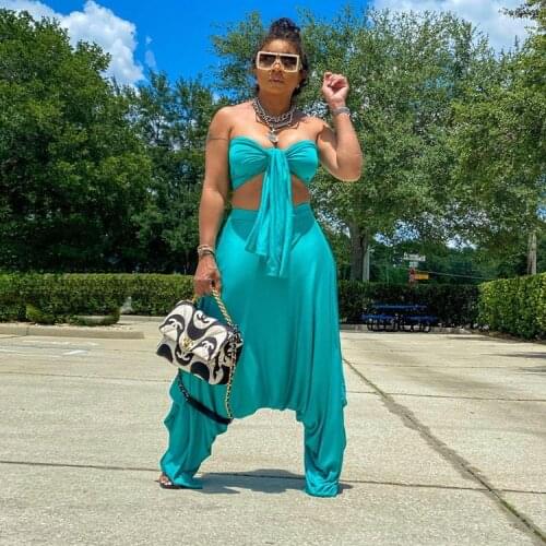 2021 Summer Womens European and American Sexy Suit Wrapped Chest Womens Two-Piece Loose Harem Pants Casual Pure Color Suit