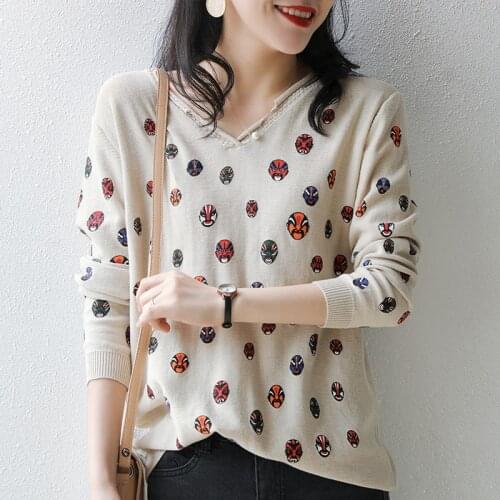 Womens top 100% cotton sweater pattern Slim fashion pullover V-neck large size loose pullover long sleeve sweater women