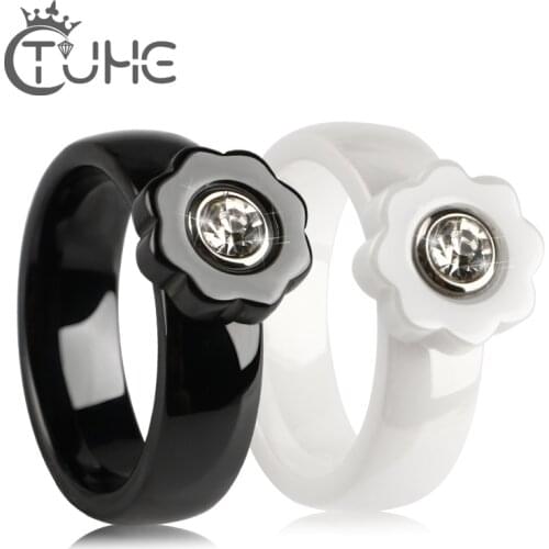 6MM Flower Ceramic Ring Rhinestone Stainless Steel Womens Jewelry Korean Fashion Black White RIng For Party