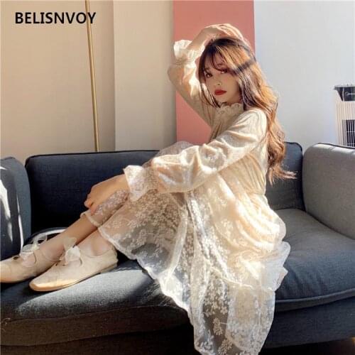 Mori Girl White Elegant Dresses Women Lace Fairy Party Vestidos Sweet High Waist Female Autumn Korea Chic Sweet Midi Dress