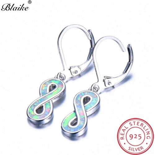 Blaike S925 Sterling Silver Letter 8 Shaped Blue/White Fire Opal Drop Earrings For Women Love Infinity Birthstone Fine Jewelry