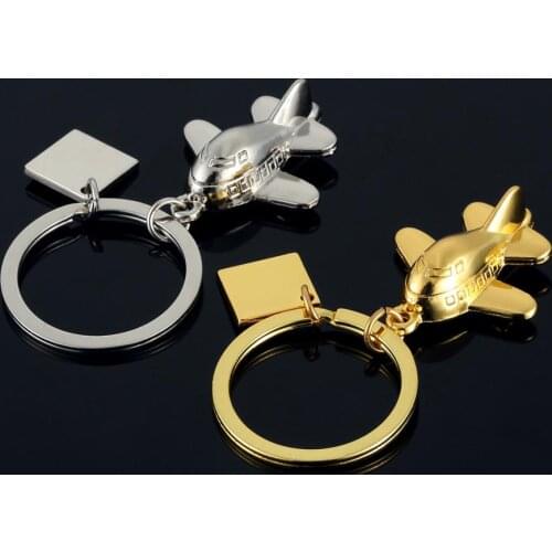 FREE SHIPPING BY DHL 100pcs/lot 2019 New Style Metal Plane Keychains with Blank Plate Gold Airplane Keyrings Key Holders